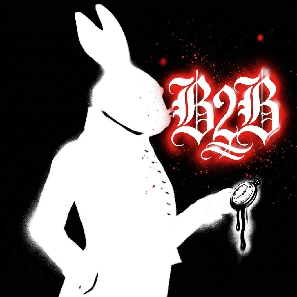 White silhouette of a rabbit in a coat on black, holding a dripping pocket watch, beside the B2B wordmark in red glowing blackletter