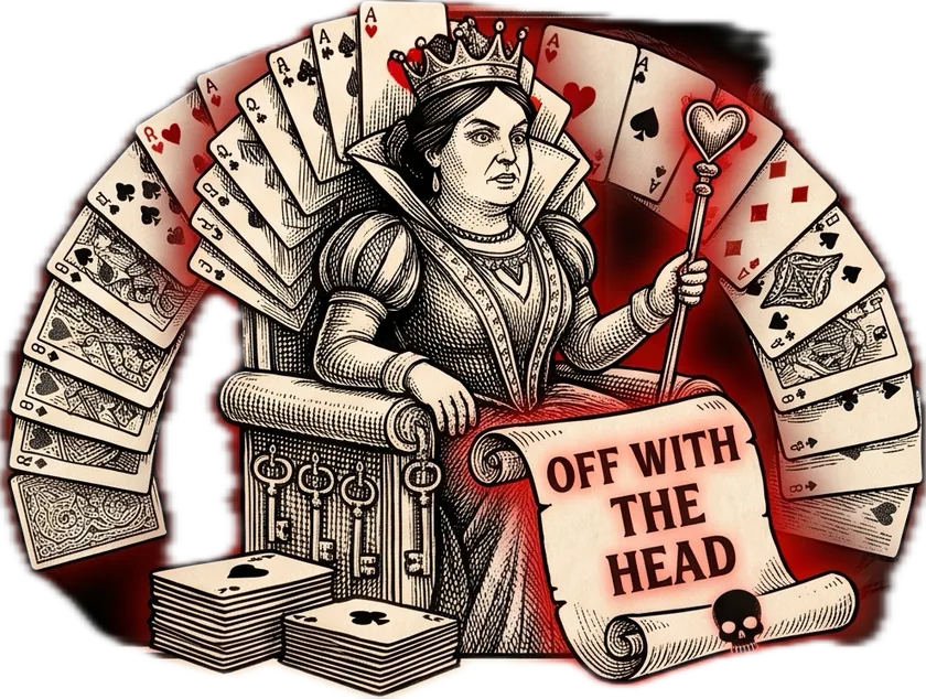 The Queen of Hearts on a throne of keys, a fan of playing cards behind her and a scroll reading “Off with the head”