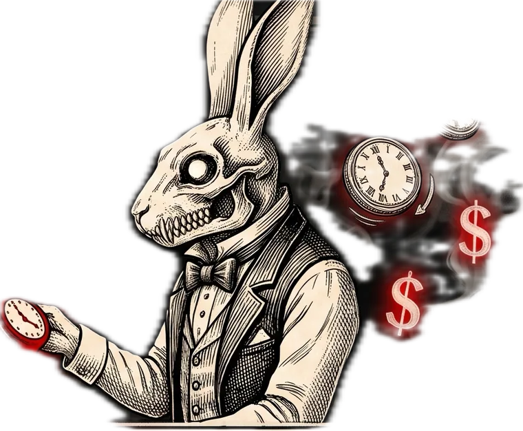 A skeletal white rabbit in a waistcoat holding a bleeding pocket watch, clocks and dollar signs drifting in smoke behind him